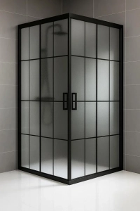 Kare Siyah Çizgi Karolaj Buzlu Desenli 5 mm Temperli Cam Sürgülü Kapılı Duş Teknesiz Duşakabin